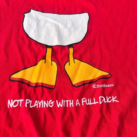 Vintage Mens Red John Baron Not Playing With A Full Duck Comic Art T Shirt Large - Picture 2 of 10